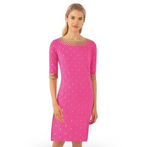 Gretchen Scott Hot Bright Pink & Gold Rocket Dress Size XS Embroidered Gold $189